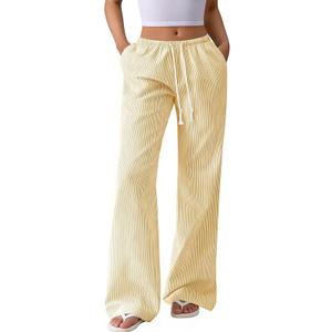 Women's Striped Wide Leg Linen Pants, Elastic Waist Drawstring with Pockets, Casual Lounge PJ Beach Pants for Summer, L