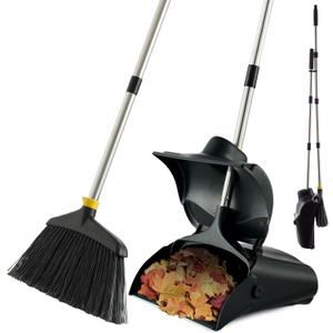 Outdoor Broom and Dustpan Set with Long Handle, Commercial Upright Standing Dust Pan with Windbreak Cover and Brooms Combo for Sweeping Lobby Courtyard Garage Deck Patio Indoor