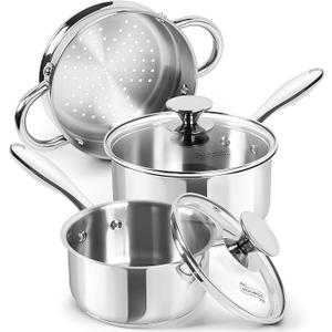 MICHELANGELO Stainless Steel Saucepans with Steamer 5Pcs, 18/10 Saucepan Set with Glass Lids, Sauce Pot Set with Triply Bottom Induction Compatible - 1QT & 2QT
