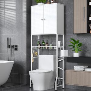 Over The Toilet Storage Cabinet - 2-Door Design Bathroom Organizers Shelf, Freestanding Space-Saver Above Toilet Storage Cabinet with Privacy Protection Rack, Water-Resistant Toilet Shelves (White)