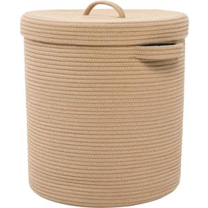 16" x 16" x 18" Extra Large Storage Basket with Lid, Cotton Rope Storage Baskets, Laundry Hamper, Cloth Bin, for Clothes Towels Blankets Pillows Storage in Living Room, Full Beige with Cover