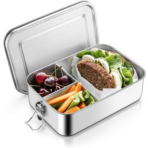 TeamFar Stainless Steel Bento Box, 47oz/1400ML Metal Lunch Box with Leak-Proof Lid for Adults/Kids, Lunch Food Containers with 3 Compartments for School/Work/Meal Prep, Heavy Duty & Dishwasher Safe