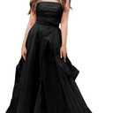 Organza Prom Dress Pleated Tulle Ball Gown Strapless Party Dress A Line Puffy Formal Evening Gown for Women, M