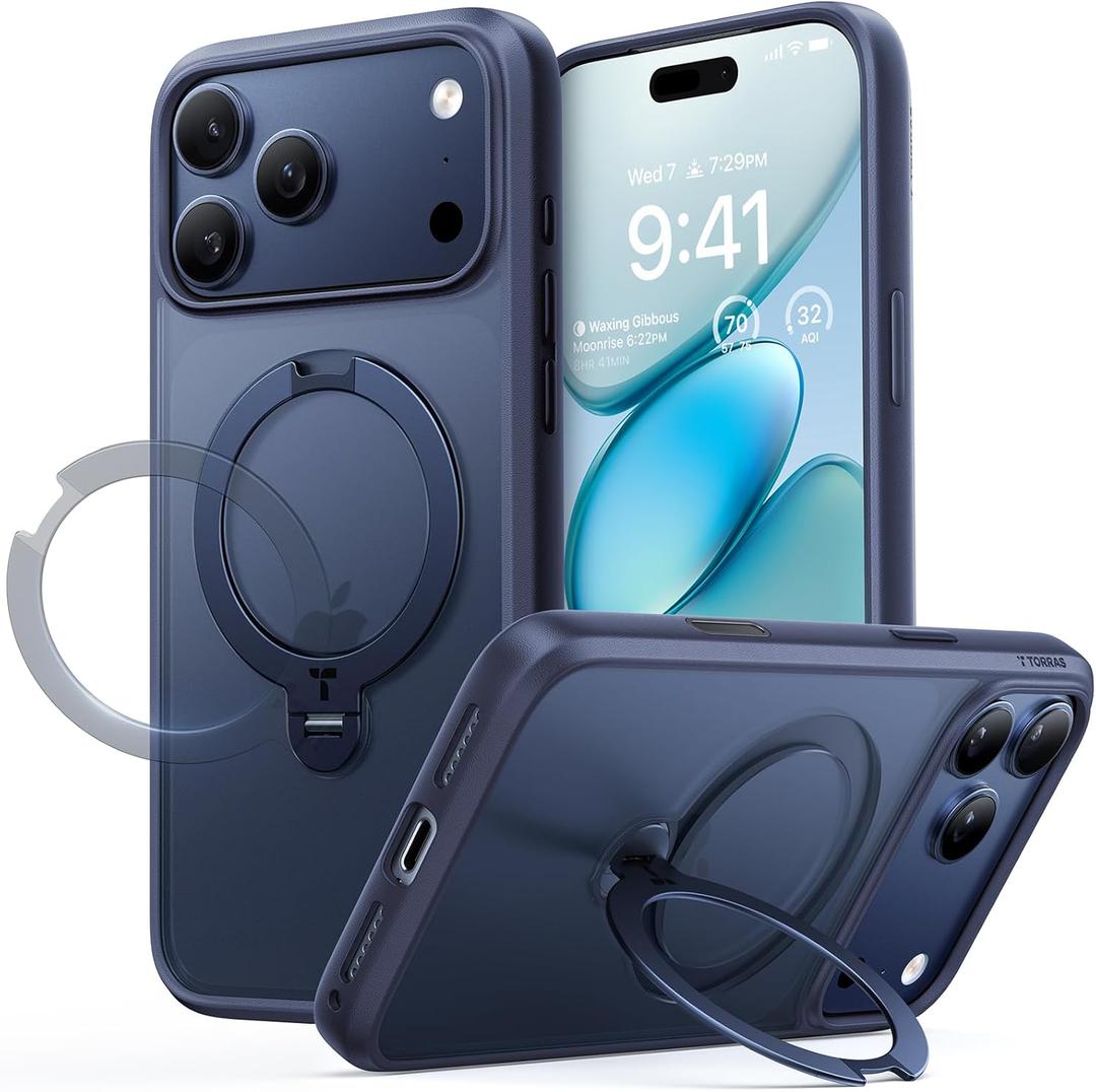 Protective Case for iPhone 17 Pro with Magnetic Ring, 360° Rotating Kickstand, Black, Slim Fit Hard Body (Blue)