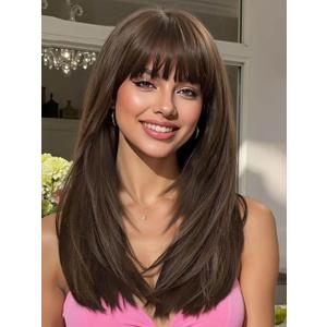 AISI HAIR Beginner Friendly Wigs Brown Wig with Bangs for Women, Middle Length NaturalLayered Straight Wig for Daily Party (20 Inch)