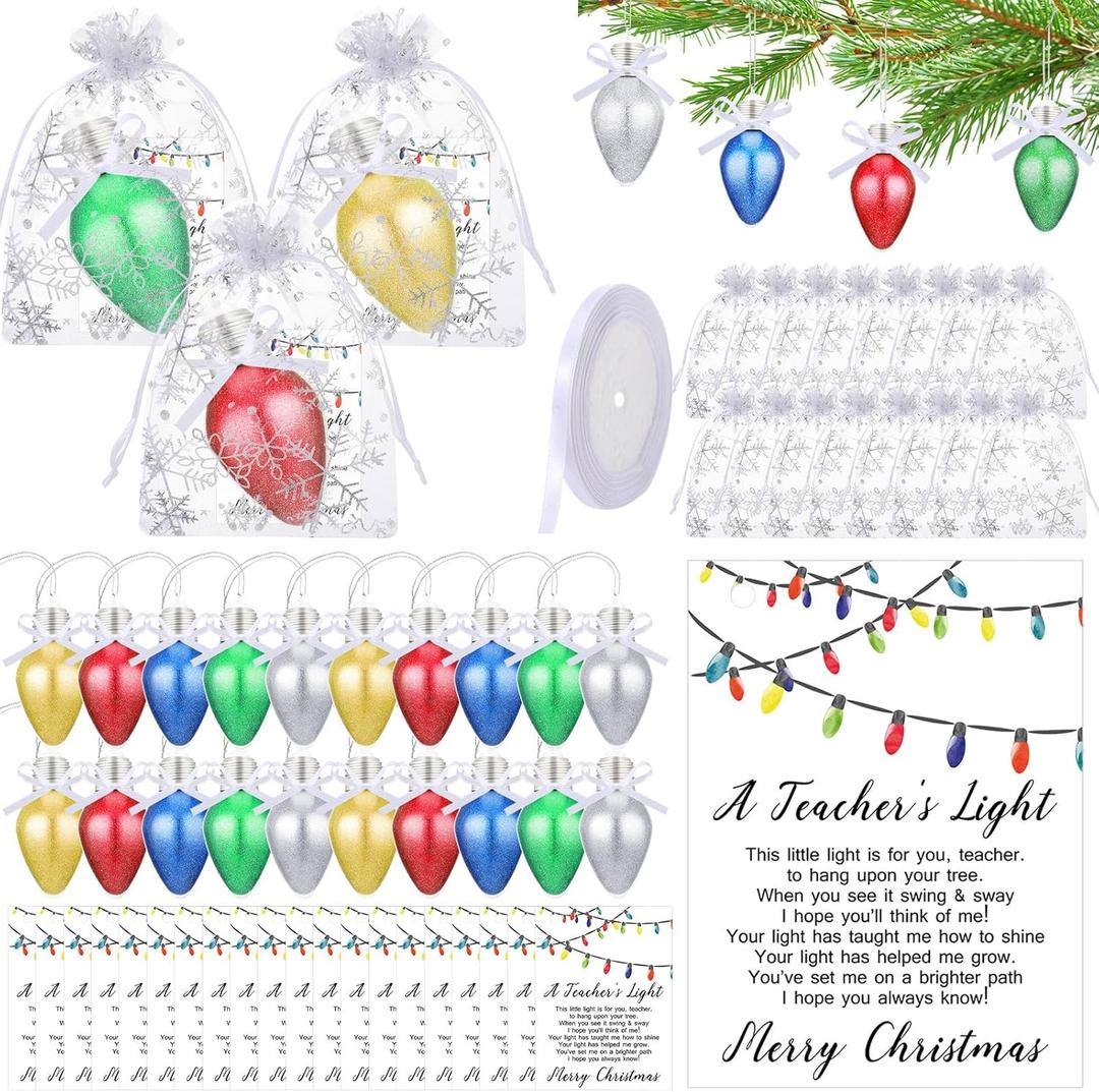 Riceshoot 30 Set Christmas Teacher Appreciation Gift Glitter Light Bulb Ornament for Christmas Tree Hanging Decoration with Thank You Card and Snowflake Organza Bag for Winter Xmas Party Supplies