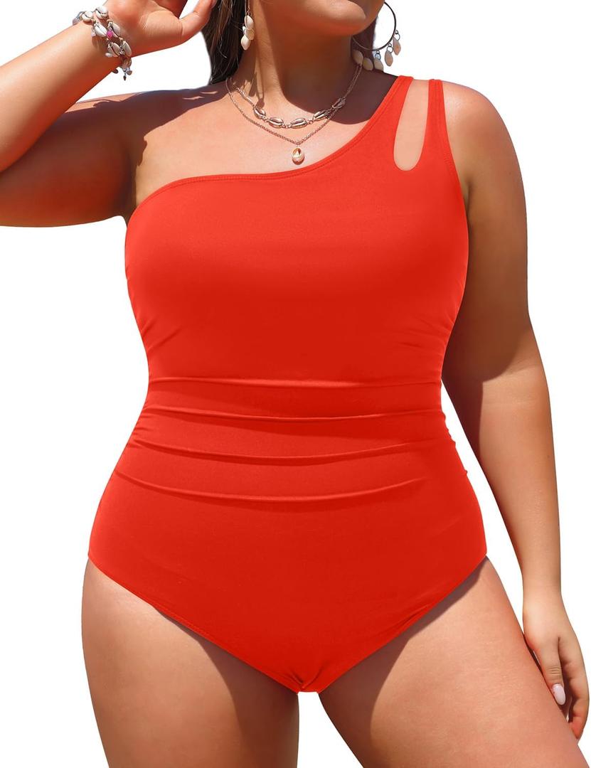 Aqua Eve Plus Size One Piece Swimsuit One Shoulder Bathing Suit Tummy Control Keyhole Swimwear Red 18W