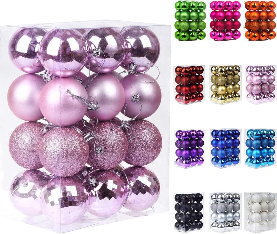 Emopeak 24Pcs Christmas Balls Ornaments for Xmas Christmas Tree - 4 Style Shatterproof Christmas Tree Decorations Hanging Ball for Holiday Wedding Party Decoration (Pink, 2.4"/6.2CM)