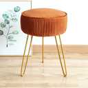 LUE BONA Pleated Vanity Stool, Velvet Upholstered Vanity Stool for Makeup Room, Round Mondern Stool for Vanity, Ottoman Footrest Stool with Metal Legs for Living Room, Bedroom, Pumpkin Brown