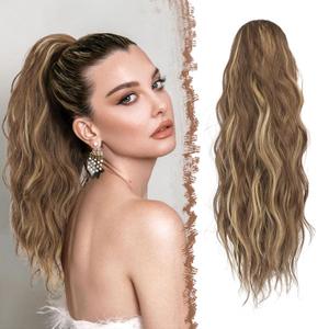 FESHFEN Ponytail Extensions, Drawstring Ponytails Hair Extension Light Brown & Blonde Long Curly Wavy Hair Piece Synthetic Pony Tail Hairpieces for Women, 18 inch