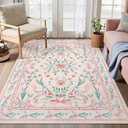 Pink Floral Rug 4x6 for Girls Bedroom or Nursery, Cute Bow Washable Area Rug, Ultra-Thin Non Slip Carpet for Kids Room, Dorm or Playroo