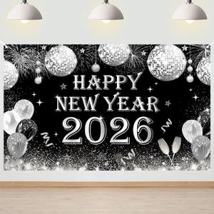 Avezano Disco New Years Decorations Happy New Year 2026 Banner 6 x 3.6 ft Black Silver Eve Backdrop for Holiday Party Supplies