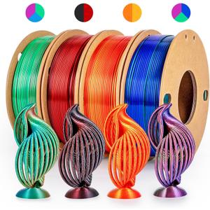 Silk 3D Printing Filament PLA+ Tricolor and Dual Color 4-Pack Bundle - 1.75mm 3D Printing PLA Pro 250g x 4 Spools, Rose Red&Sky Blue&Green, Rose Red&Dark Blue&Green, Gold&Red, Black&Red