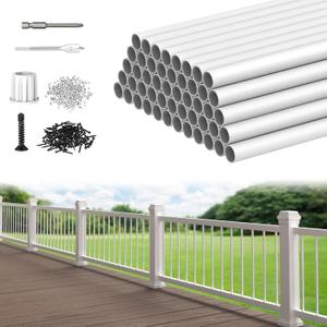 CKE 50 Pack 26" White Round Aluminum Balusters, White Aluminum Spindles with Screws& Conectors for Indoor Outdoor, 3/4" Diameter Hollow Deck Round Balusters for Wood and Composite Deck Balusters