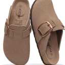 KIDMI Genuine Suede Clogs for Women Memory Foam Cork Footbed Potato Shoes Slip On Leather Mules with Big Buckle (7.5, Mocha)