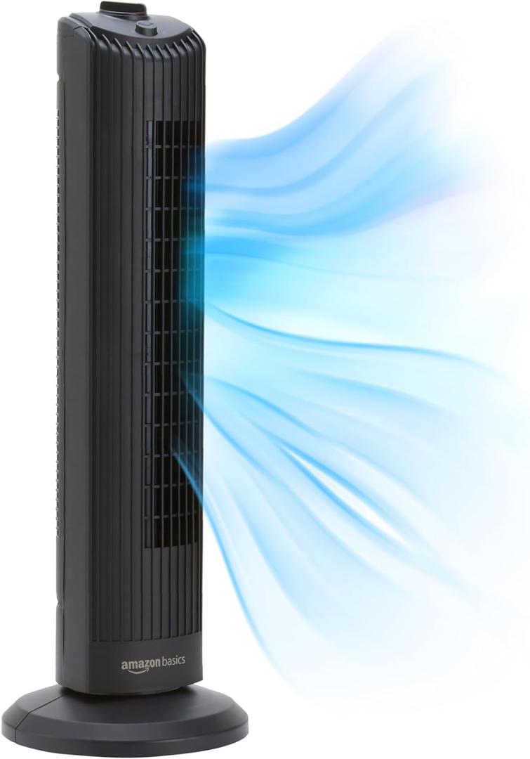 Amazon Basics 28" 60-Degree Oscillating Tower Fan with Powerful Airflow for Bedroom, Living Room, Office, 3 Speeds, Mechanical Control, Air Circulator, 35W, 27.8"H x 9.4"D x 9.4"W, Black