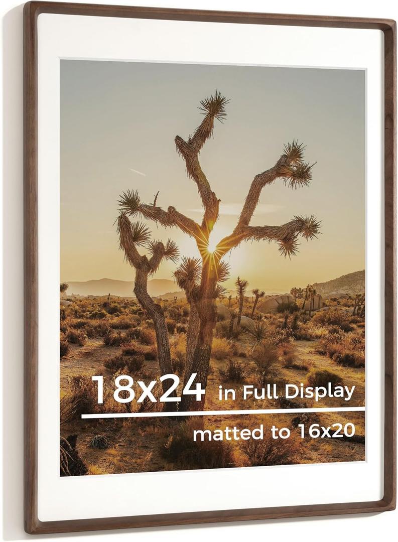 RICHFOCUS 18x24 Picture Frame USA-Sourced Natural Walnut Solid Wood Photo Frame Handcrafted Rounded Corner Wooden Frame with Real Glass Display Photos 16x20 with Mat or 18x24 Without Mat