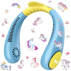 Kids Neck Fan, Portable Bladeless Neck Fan for Kids, 2600mAh Rechargeable Cooling Fan for 4-14Y Girls Boys with Unicorn Stickers, 4 Speeds & Lightweight Wearable Quiet Fan for Study/Camping/Travel (Sky Blue)