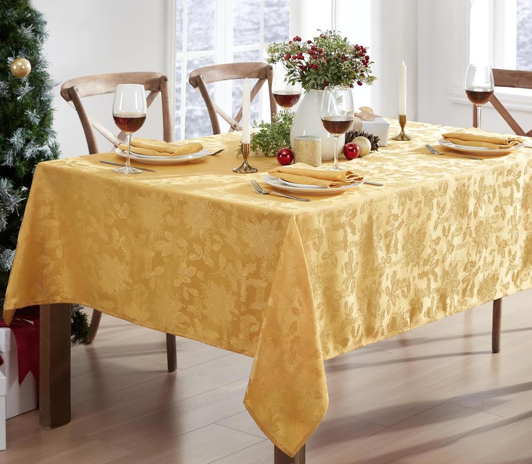 Newbridge Christmas Carol Holiday Noel Damask Fabric Tablecloth, 60 x 84 Inch Rectangle, Gold, Holly Leaf Poinsettia Weave, Wrinkle Free Soil Resistant Easy Care Table Cover