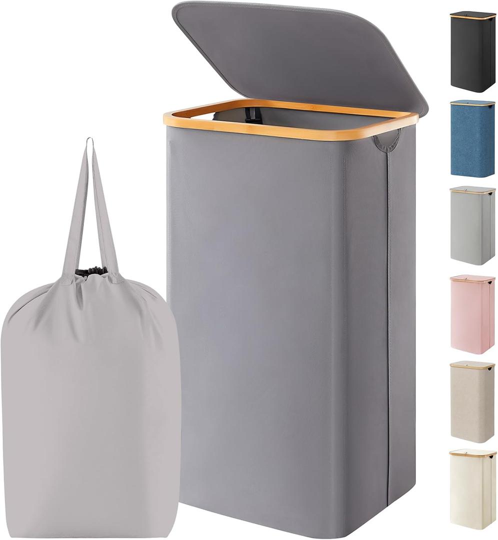 Lifewit 100L Laundry Basket with Lid, Clothes Hampers for Laundry with Bamboo Handles and 1 Removable Bag, Large Foldable Laundry Hamper for Bedroom, Bathroom, Dorm, Laundry Room, Gray