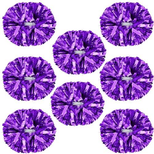 8 Pcs Cheerleading Pom Poms, Plastic Metallic Foil Cheer Hand Flowers Bulk, Cheerlead Pompoms for Adult Sports Team Ball Game 13.4 Inch, 75g Weight Each (Purple)