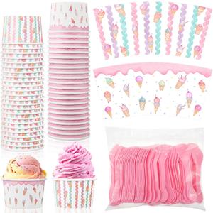 Gerrii 100 Set Ice Cream Cups with Spoons 8oz Ice Cream Bar Supplies Colorful Disposable Dessert Cups Sundae Containers Dessert Bowl for Birthday Wedding Party Yogurt Soup