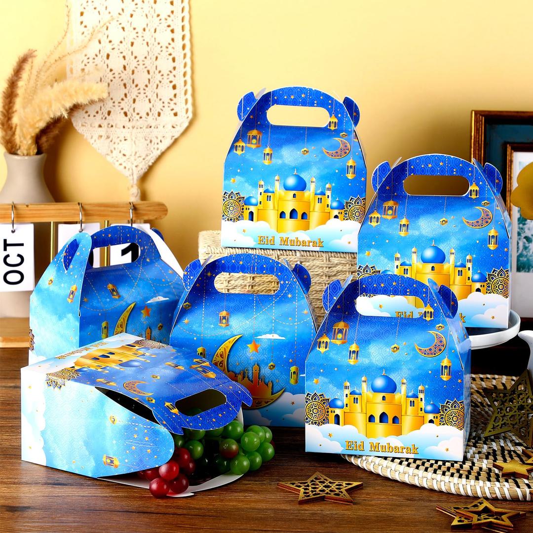 Glenmal 30 Pcs 5.51x2.36x4.72'' Ramadan Gift Bags Ramadan Mubarak Blue Paper Party Bags Eid Mubarak Treat Goodie Bag with Handle and Ribbon for Ramadans Kareem Eid Mubarak's Party Supplies