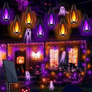Flacchi Solar Flame String Lights - 42ft 15 LED Lights Outdoor Solar String Lights for Garden Patio Halloween Decoration (Orange & Purple, 42ft)