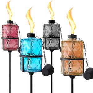 ZSPENG 4 Pack Colorful Glass Garden Torch 12 oz Outdoor Torch Garden Dcor,60-Inch Upgraded Citronella Torches with 3-Prong Grounded Stake for Party Patio Pathway