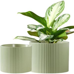 Ceramic Plant Pots, 8.1 + 6 Inch Planters for Indoor Plants, Modern Flower Pot for Plant with Drainage, Medium Cylinder Flower Pots for Indoor/Outdoor, House Plants, Matte Green