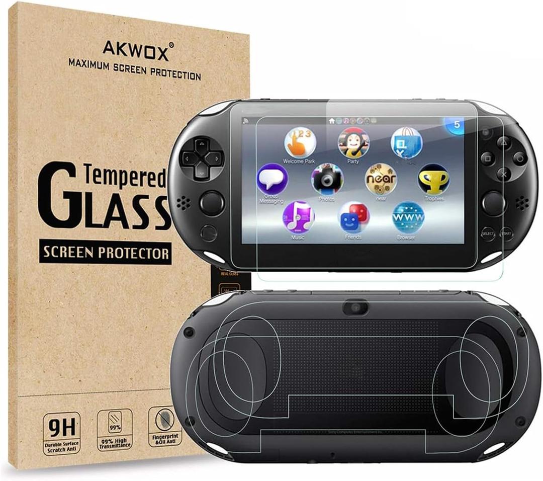 AKWOX 2 Front+2 Back Covers Screen Protectors Compatible with Sony PlayStation Vita 2000, 9H Tempered Glass Front and HD Clear PET Back Film