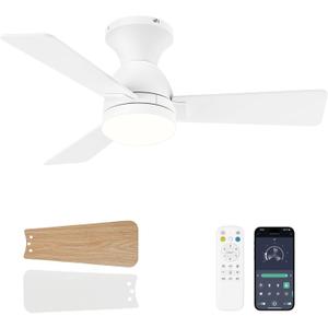 Ceiling Fans with Lights and Remote, 36 Inch Ceiling Fan with Light, Low Profile, Reversible, Dimmable LED, Flush Mount, Quiet, DC Motor, White Ceiling Fan for Bedroom, Kitchen, Office