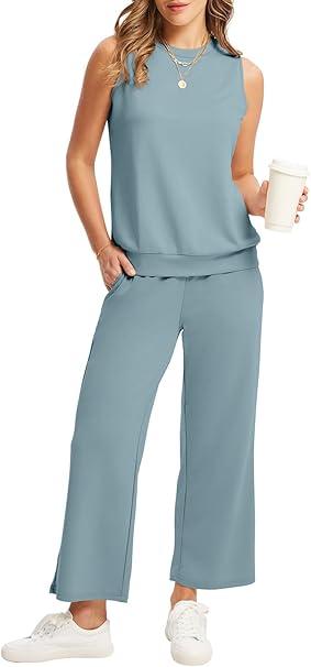 WIHOLL Two Piece Set for Women Summer Outfits Vacation Lounge Sets Round Neck Matching Sets Wide Leg Crop Pants, Size L