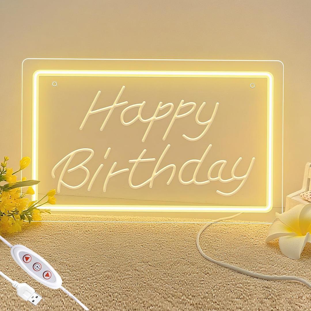 Warm White Happy Birthday Neon Sign For Wall Decor,3D Art Carving Design LED Letter Neon Signs, Dimmable Neon Led Lights for Christmas Party Wedding Living Room Birthday Gift