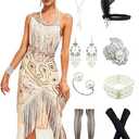 Peacock-inspired 1920s Gatsby Beaded Flapper Sling Dress Womens Vintage Cocktail Dress W/Complete Accessories Set size L Beige