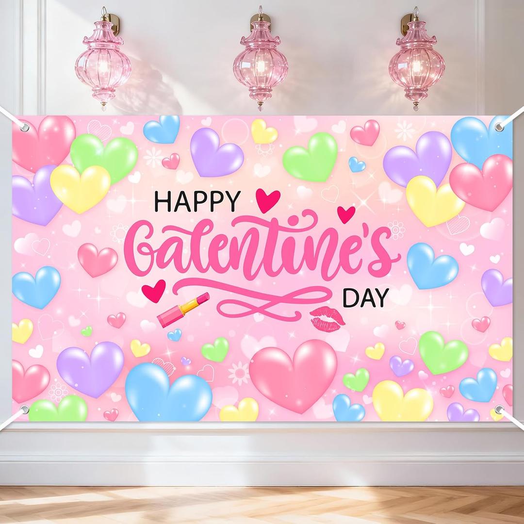 Mocsicka Galentines Day Decorations Banner Sweet Conversation Hearts Happy Galentines Day Backdrop for Girls Gang Party Decorations Photo Booth Props (6x3.6ft)