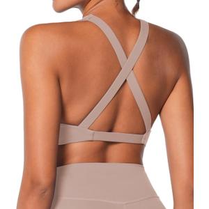 Sunzel Women's Sports Bra Criss Cross Back Yoga Crop Top with Removable Pads Double Lined V Neck Wirefree Padded Workout Bra (Beige, XS)