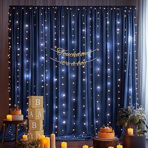 10x10ft Navy Blue Backdrop Curtains with Lights Wrinkle Free Fabric Backdrop Curtain for Wedding Birthday Party Baby Shower Photo Shoot Bridal Shower Home Party Background Decorations