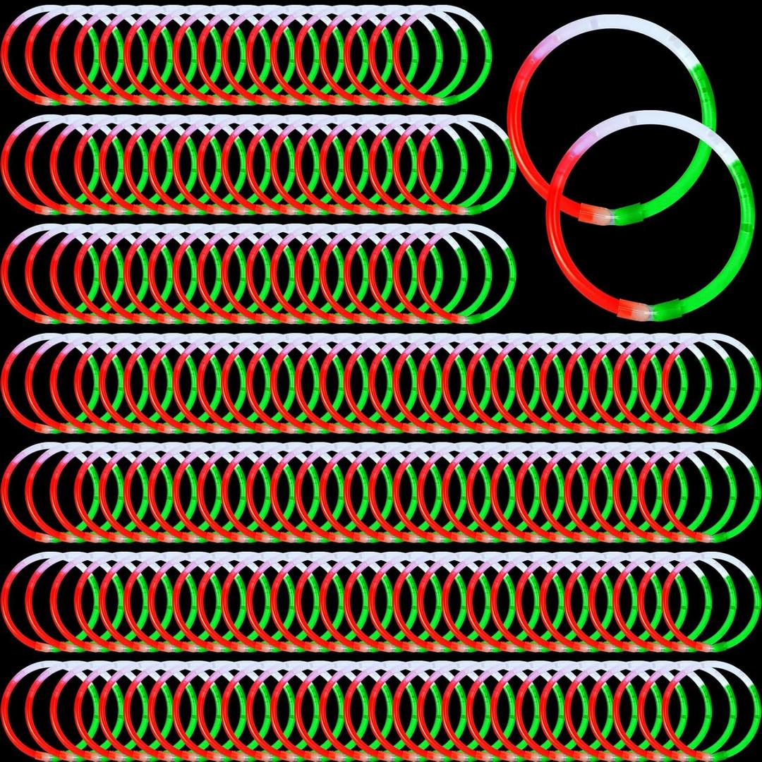 Hanaive 200 Pcs 8'' Christmas Glow Stick Bracelet Bulk Red Green White Stick Bracelet Glow in The Dark Christmas Party Supplies Light up for Neon Birthday Memorial Day Favors