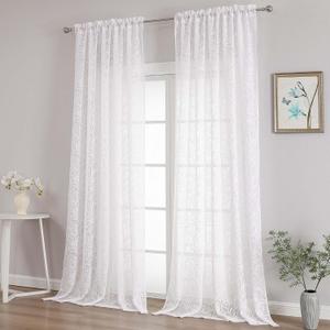 OVZME Extra Wide Sheer White Curtains 120 Inches Long 2 Panels Set, Light Filtering Soft Airy Semi Sheer Leaf Jacquard Farmhouse Curtains for Living Room, Dual Rod Pocket Design, 2x52Wx120L Inches