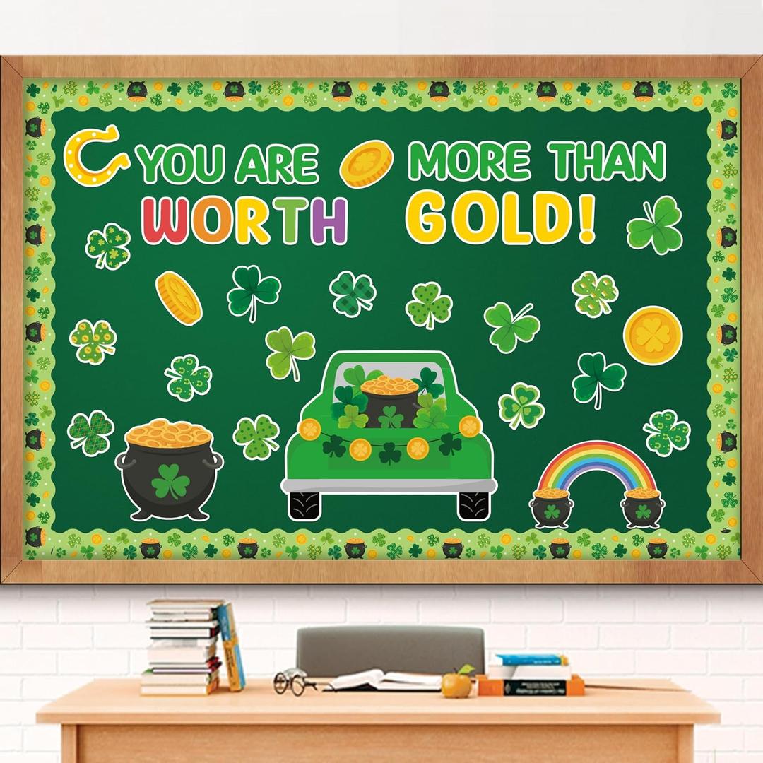 128Pcs St. Patrick's Day Bulletin Board Classroom Decoration You Are Worth More Than Gold Cutouts Shamrock Clover Truck Name Tags School Home Party Supplies Classroom Chalkboard Wall Door Decor