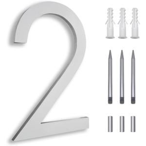 8 Inch Floating House Numbers, Address Numbers for Outside, Metal Silver Large Modern House Numbers, Door Numbers for Mount Aluminum Silver Number 2