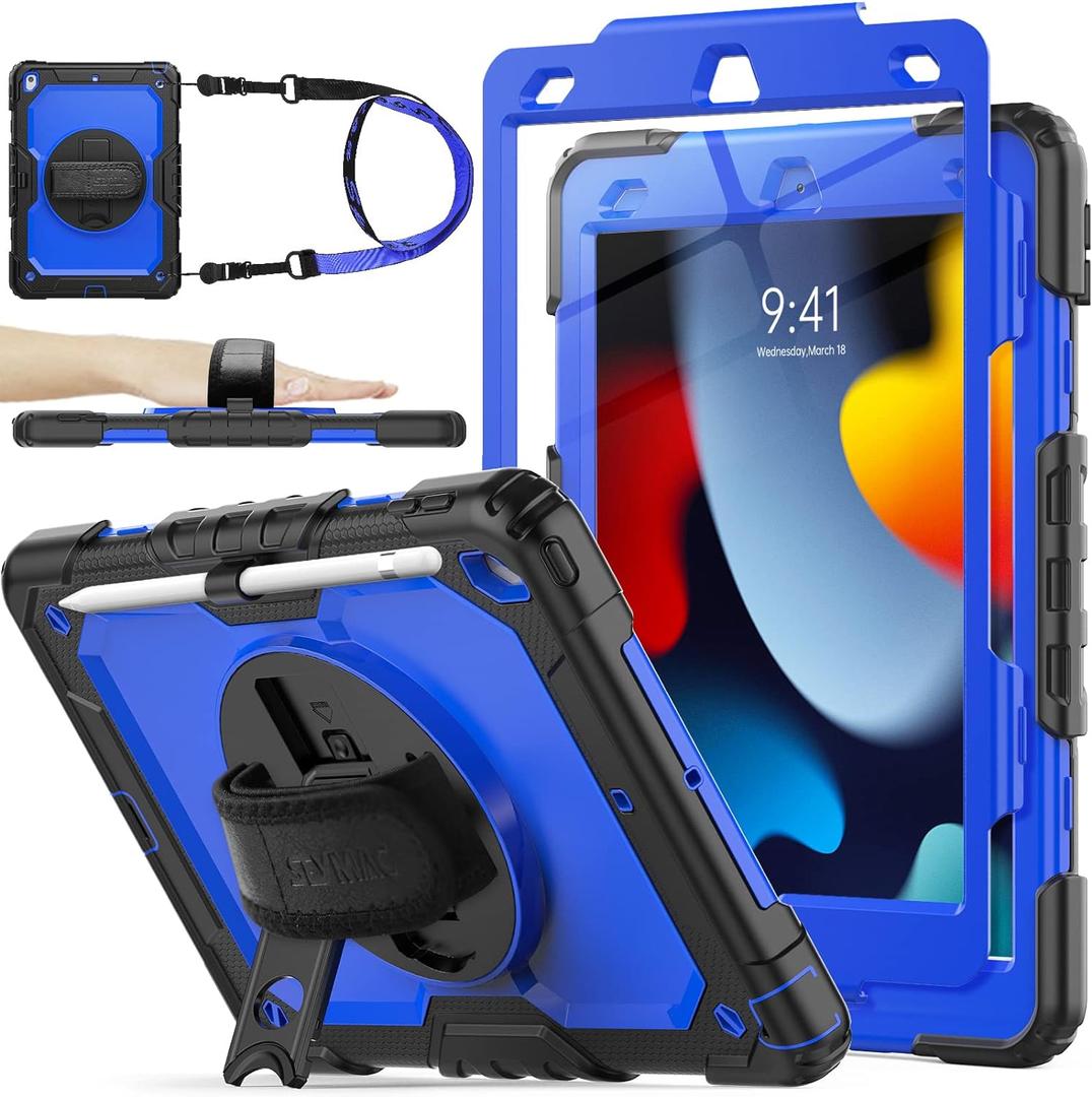 SEYMAC stock Case for iPad 9th/ 8th/ 7th Generation 10.2'', Shockproof with Screen Protector, Pencil Holder [360 Rotating Hand Strap] & Stand, for iPad 10.2 inch 2021-2019 (Blue+Black)