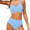 Girls Swimsuit Bikini Set,Criss Cross Bathing Suits for Girl Two Piece Solid Color Girls' Swimwear for 7-16 Years (11-12 Years, Light Blue)