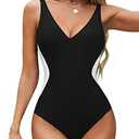 BMJL Women's One Piece Swimsuit Slimming Tummy Control Bathing Suit Deep V Neck Color Block Lace Up Back Swimwear(L, Black)