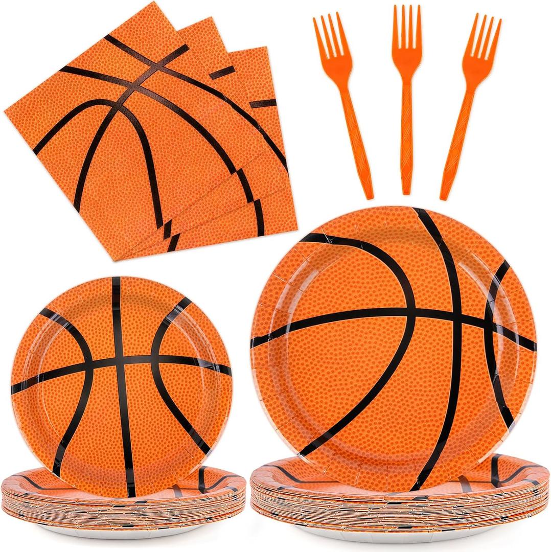 96 Pcs Basketball Party Plates and Napkins Set, Basketball Birthday Party Decorations for Boy Serves 24 (Orange)