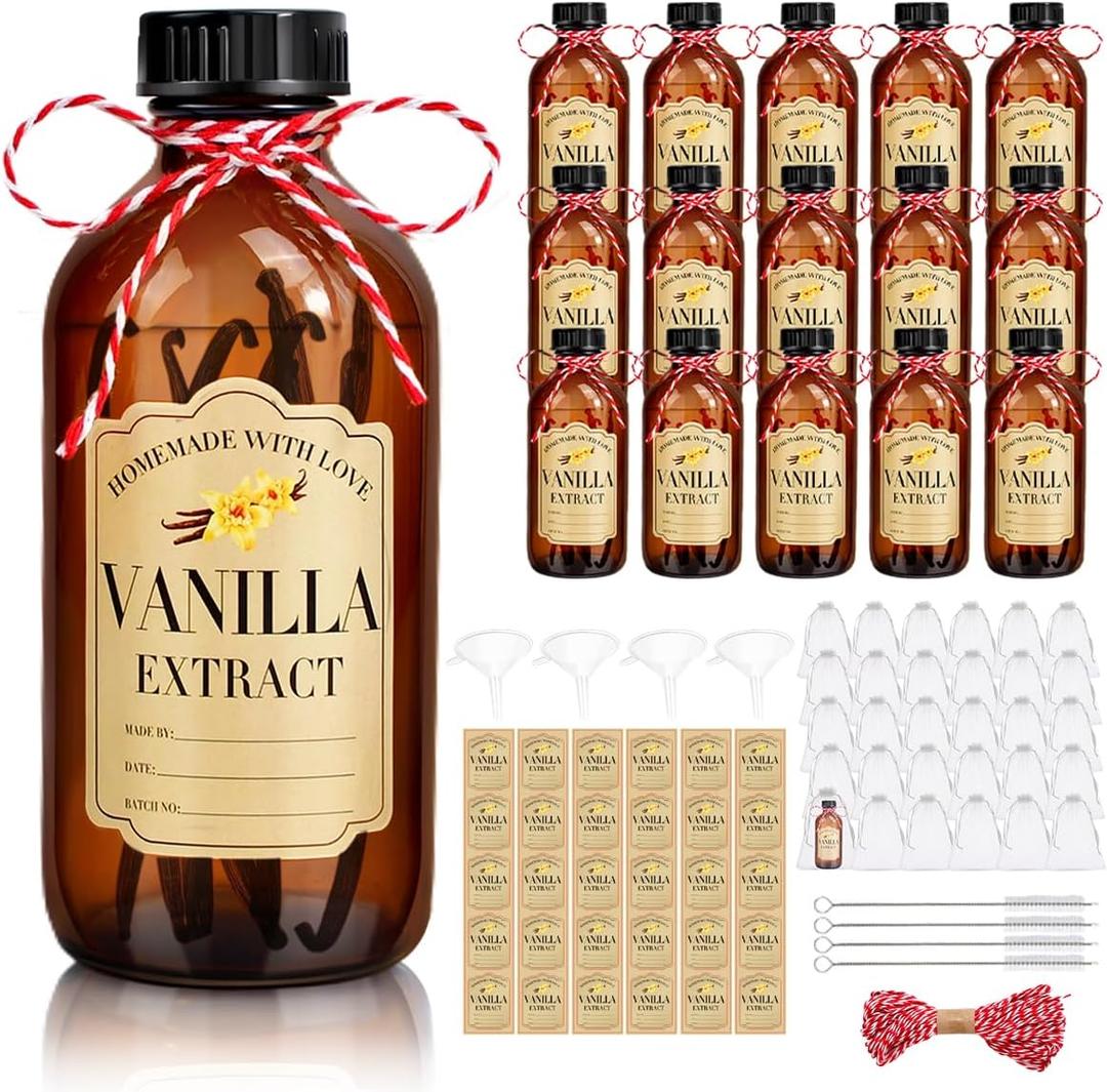 16Pcs 8 oz Amber Glass Bottle Boston Round Bottles for Vanilla Extract Homemade,Brown Vanilla Extract Bottles with Caps for Syrup Gift Glass Food Storage Canister and Sauce Beans