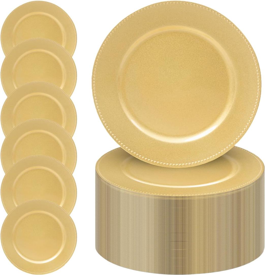 MAONAME 13" Gold Charger Plates Set of 100, Round Charger for Dinner Plates, Plate Chargers with Beaded Rim, Plastic Table Chargers for Wedding, Party