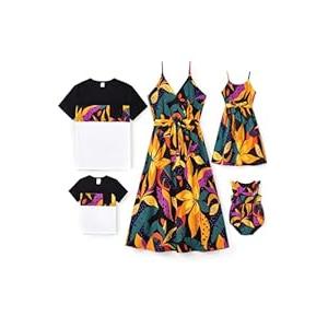 PATPAT Family Matching Hawaiian Outfits: Men Tropical Floral Short Sleeve T Shirts - Dad and Son Matching Shirts for Summer Vacation Beach Luau Cruise, Black Colorful Leaf, Men, Large