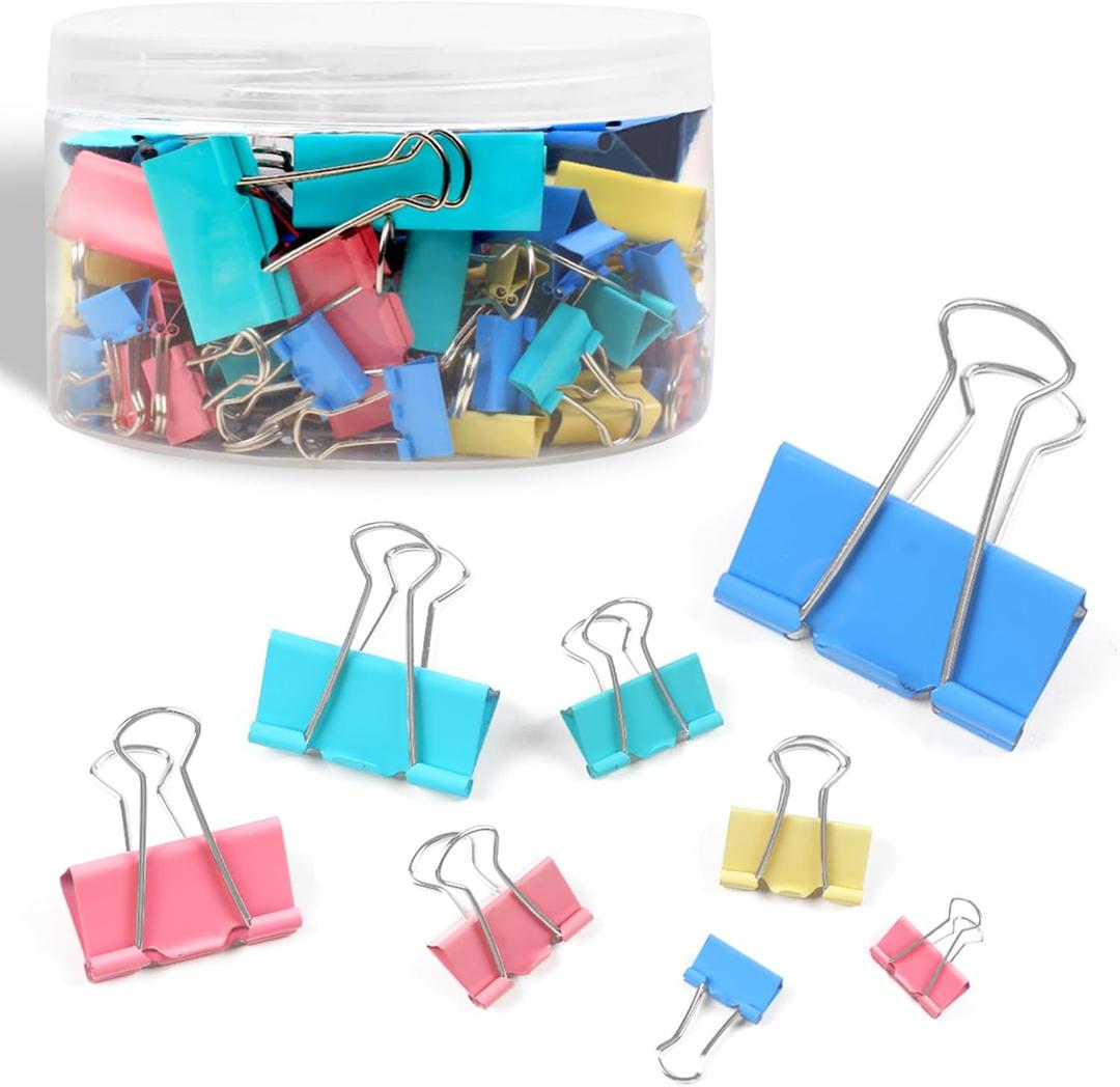 Joyberg 125Pcs Binder Clips Colored, Binder Clips Assorted Sizes, 6 Sizes Binder Paper Clips for Office Supplies/Home/School (Blue, Pink, Yellow, Green) (Mixed Colors)
